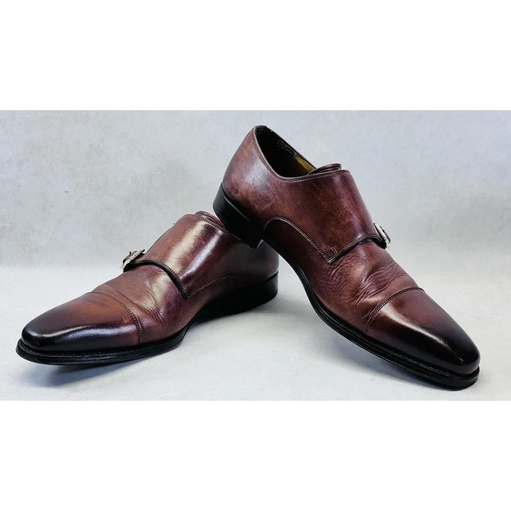 Magnanni Cognac Double Monk‎ Strap Size 8.5M Cap Toe Dress Shoes w Bags